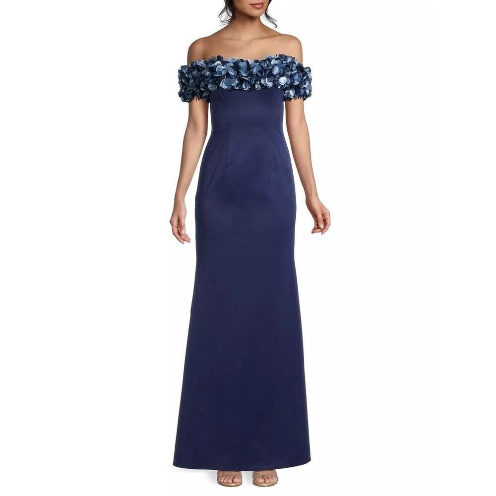 NWT Basix Black Label Off The Shoulder Petal Appliqué Column Gown US 8 $550